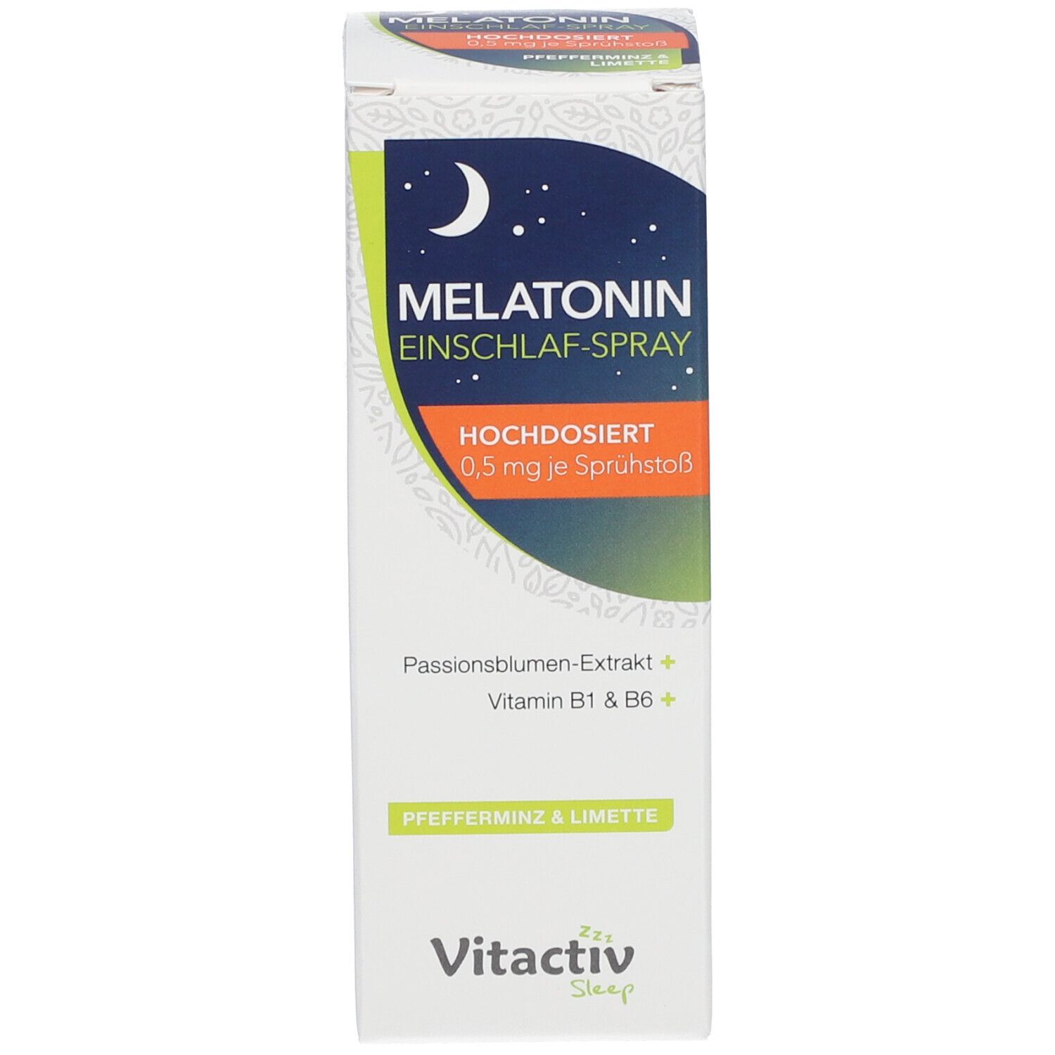 Schachtel. Aufschrift: Melatonin Einschlaf-Spray. Pfefferminz & Limette.