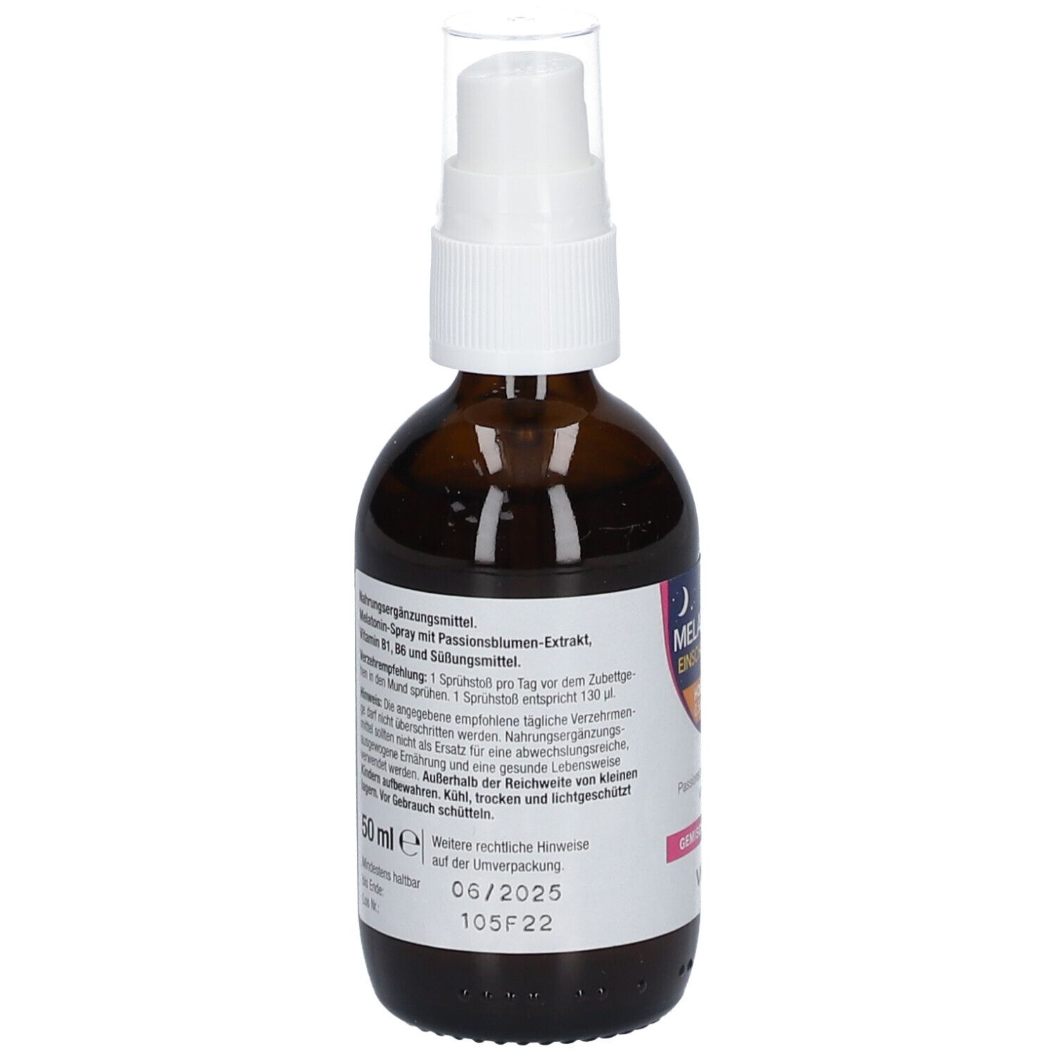 Braune Flasche mit Sprühkopf. Aufschrift: Melatonin Einschlaf-Spray, Gemischte Früchte. Rückseite mit Text.