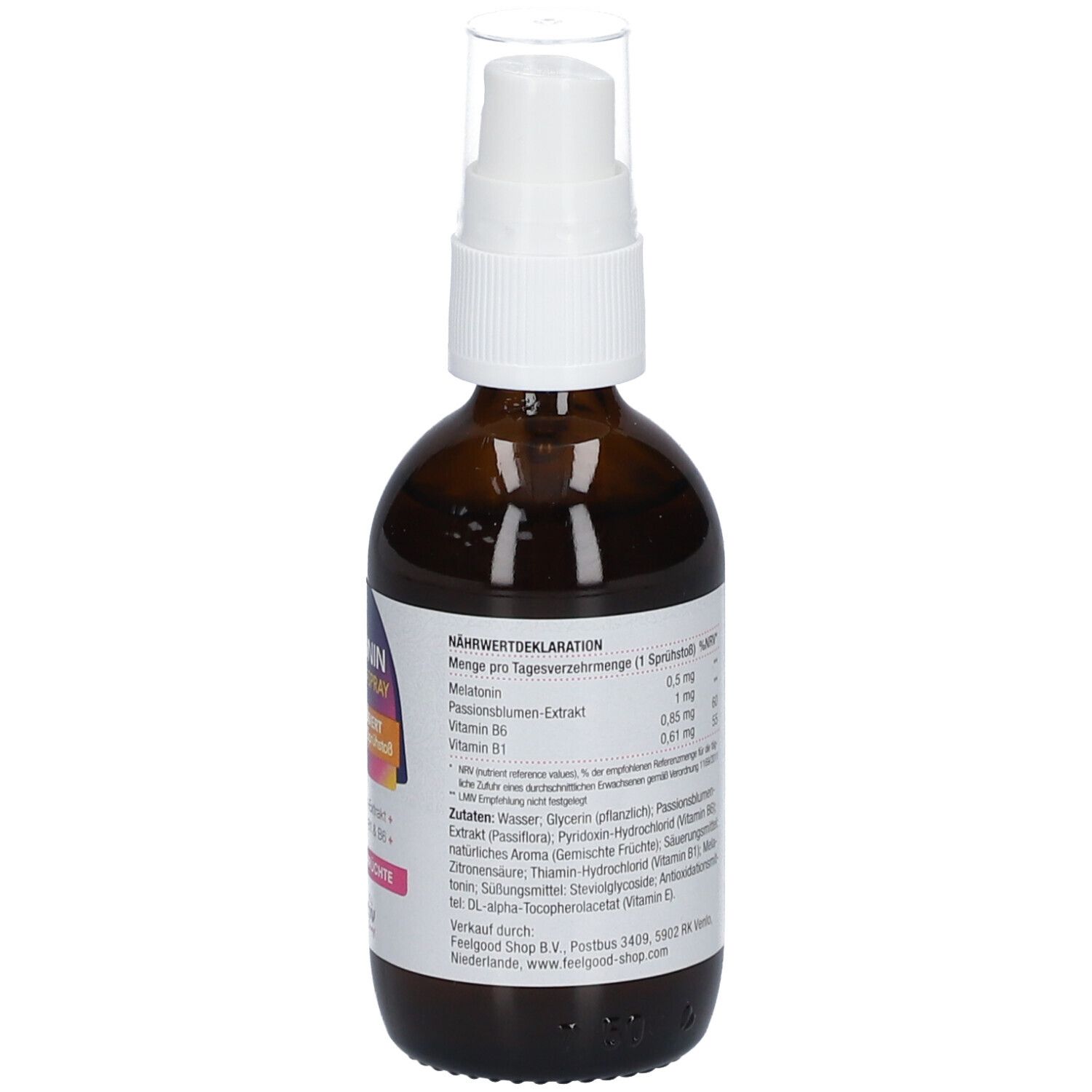 Braune Flasche mit Sprühkopf. Aufschrift: Melatonin Einschlaf-Spray, Gemischte Früchte. Rückseite mit Text.