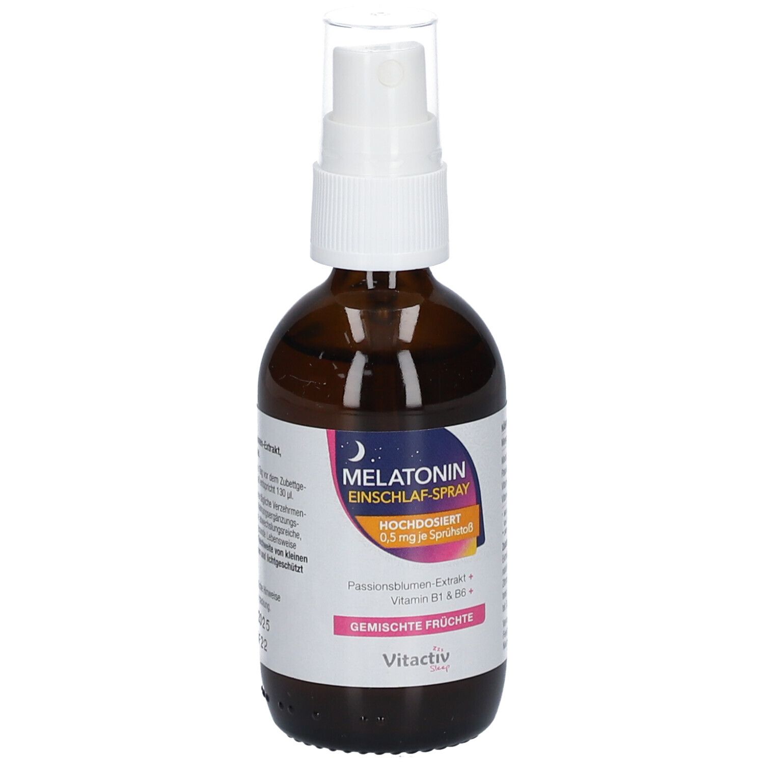 Braune Flasche mit Sprühkopf und Verpackung. Aufschrift: Melatonin Einschlaf-Spray, Gemischte Früchte.