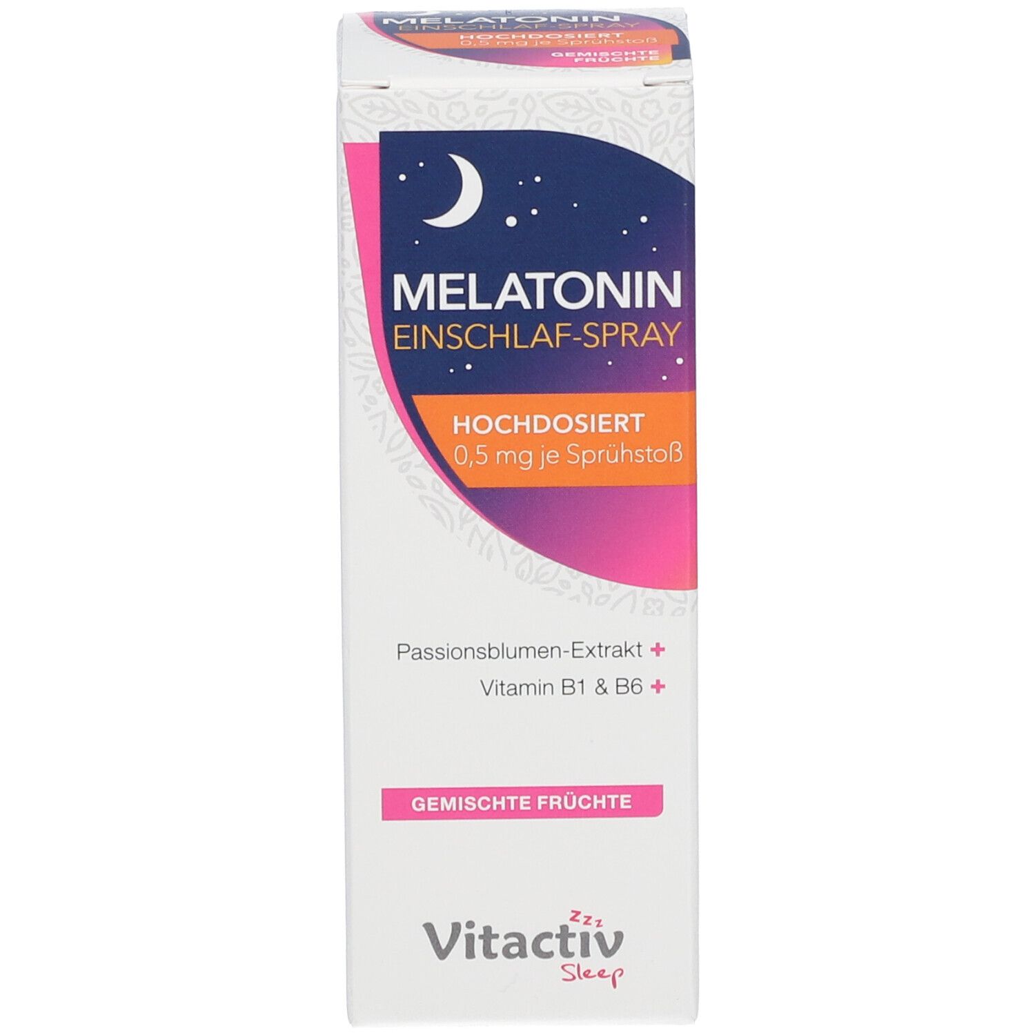 Verpackung. Aufschrift: Melatonin Einschlaf-Spray, Gemischte Früchte. Text: Hochdosiert 0,5 mg je Sprühstoß.