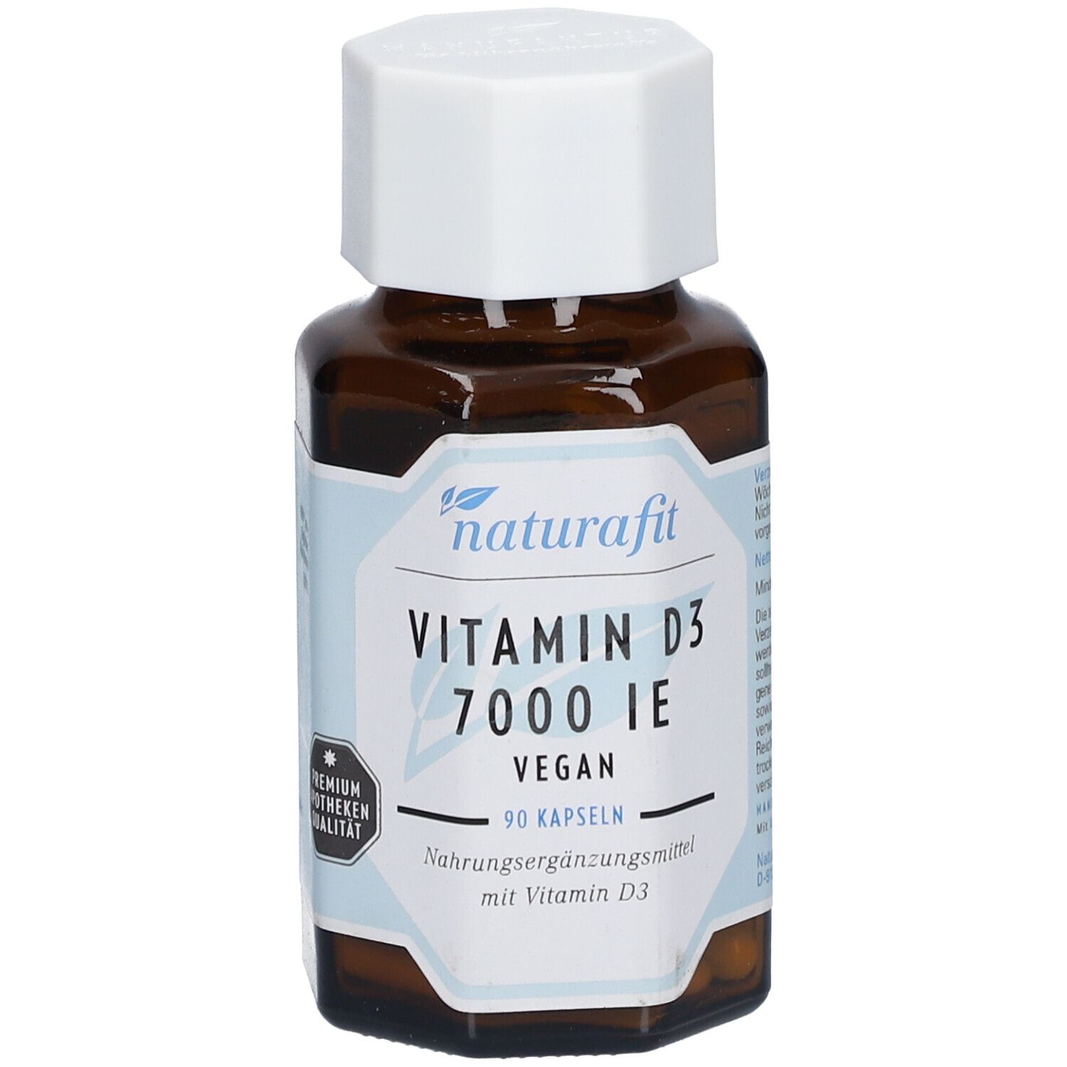 Braune Glasflasche mit weißem Deckel. Aufschrift: Vitamin D3 7000 IE, vegan. 90 Kapseln. Premium Apotheken Qualität.