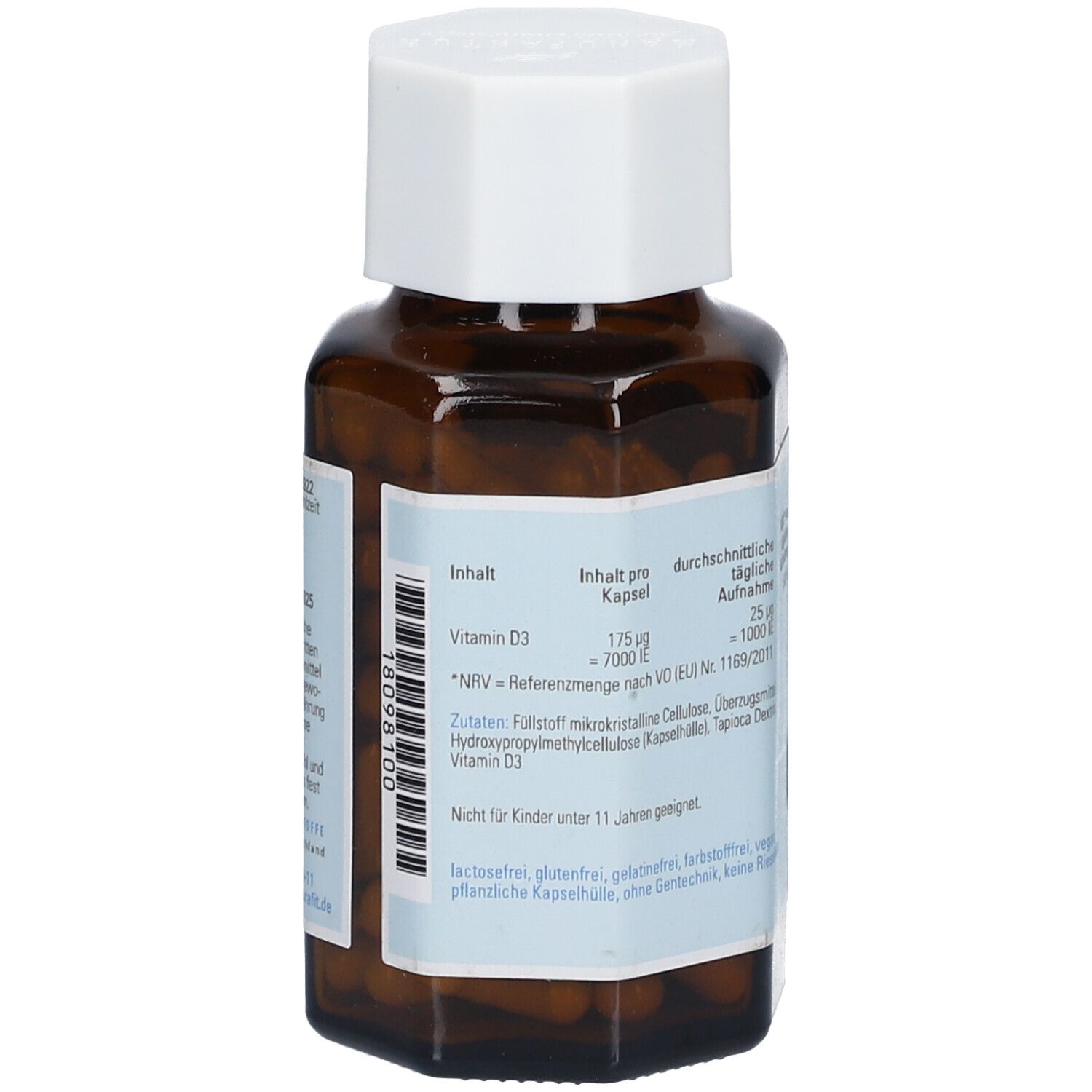 Rückseite der braunen Glasflasche. Aufschrift: Inhalt pro Kapsel: Vitamin D3 175µg = 7000 IE. Zutaten. Nicht für Kinder unter 11 Jahren.