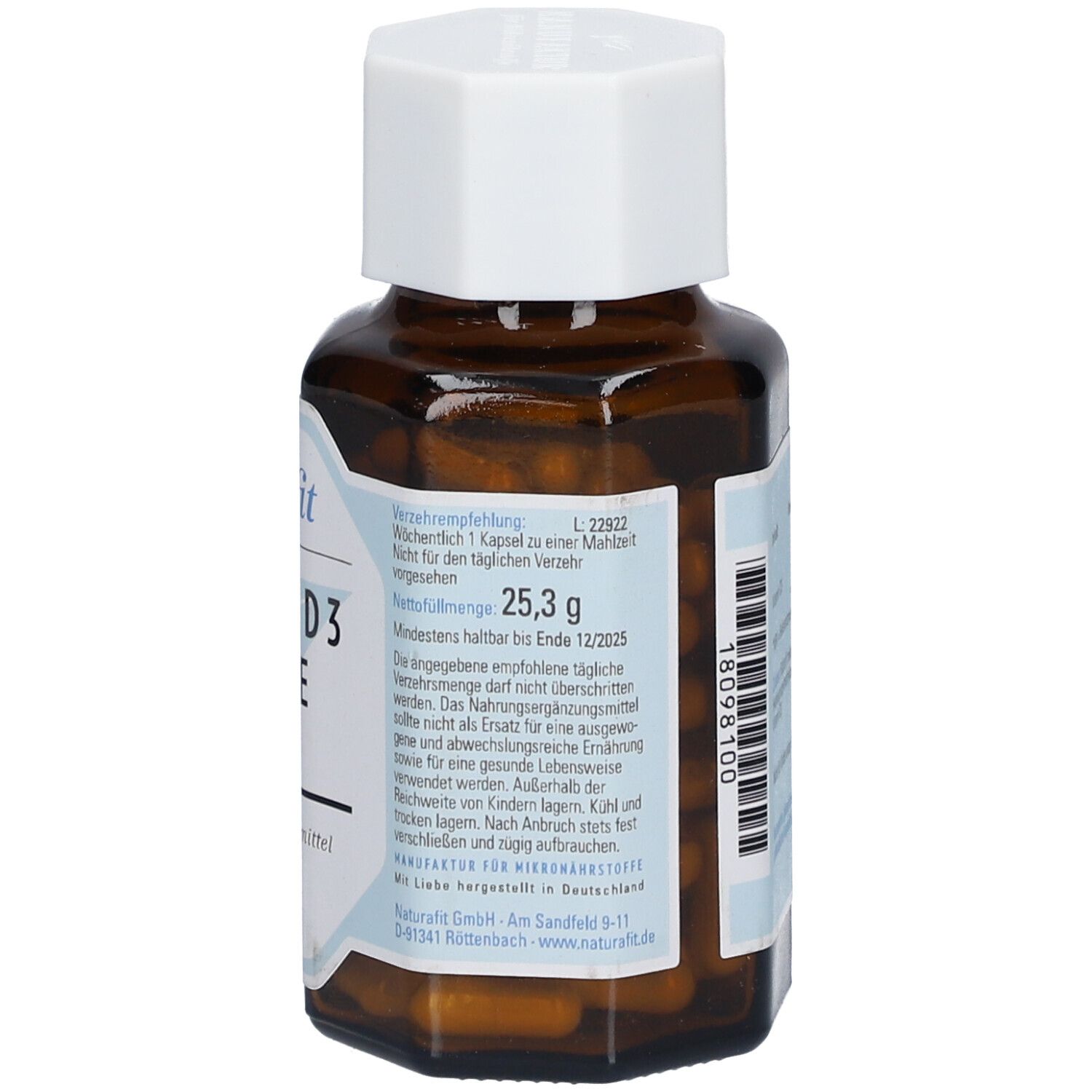 Rückseite der braunen Glasflasche. Aufschrift: Mindestens haltbar bis Ende 12/2025. Nettogewicht 25,3 g. Hersteller.