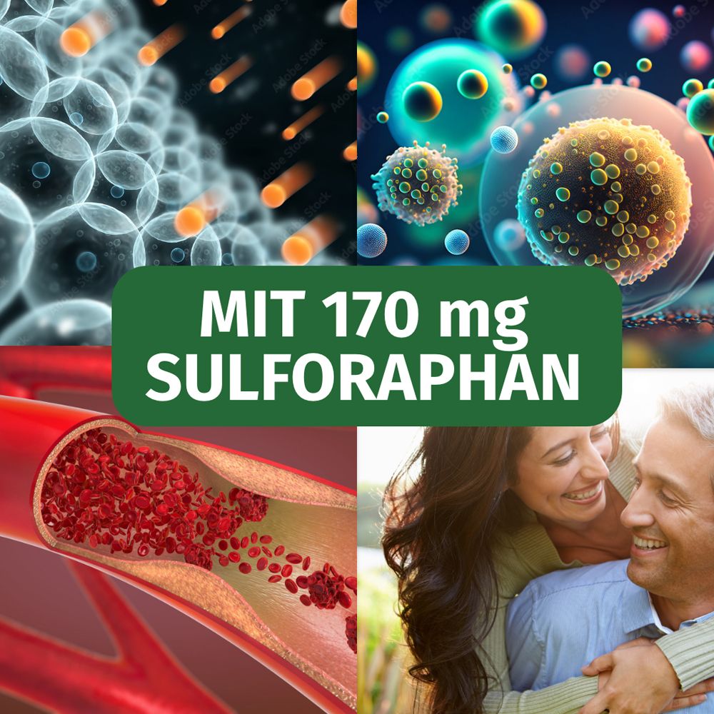 Collage mit Bildern. Text: MIT 170 mg SULFORAPHAN. Bilder von Zellen, Gefäßen und einem Paar.