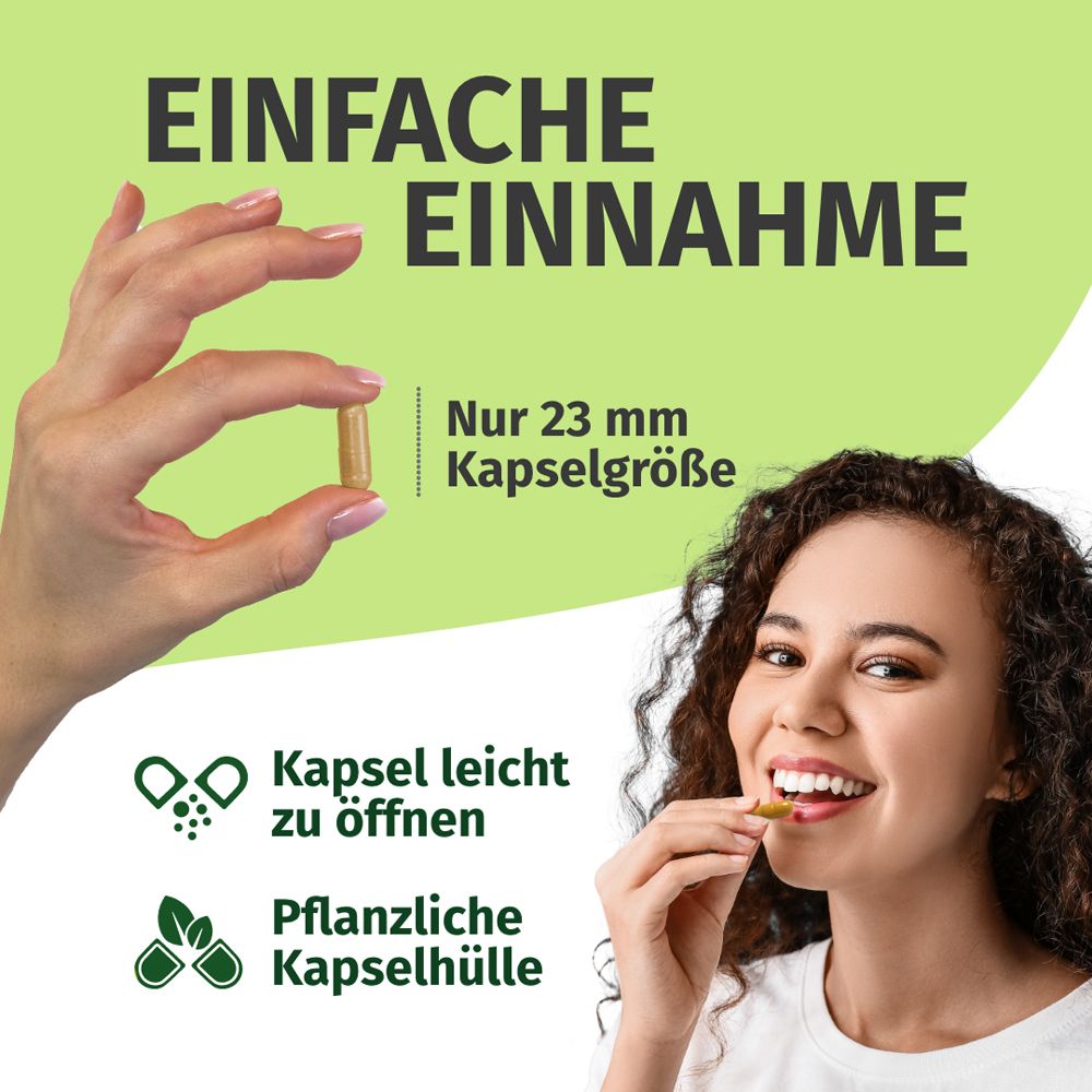 Frau nimmt Kapsel. Text: EINFACHE EINNAHME. Kapsel leicht zu öffnen, pflanzliche Kapselhülle. Kapselgröße: 23 mm.