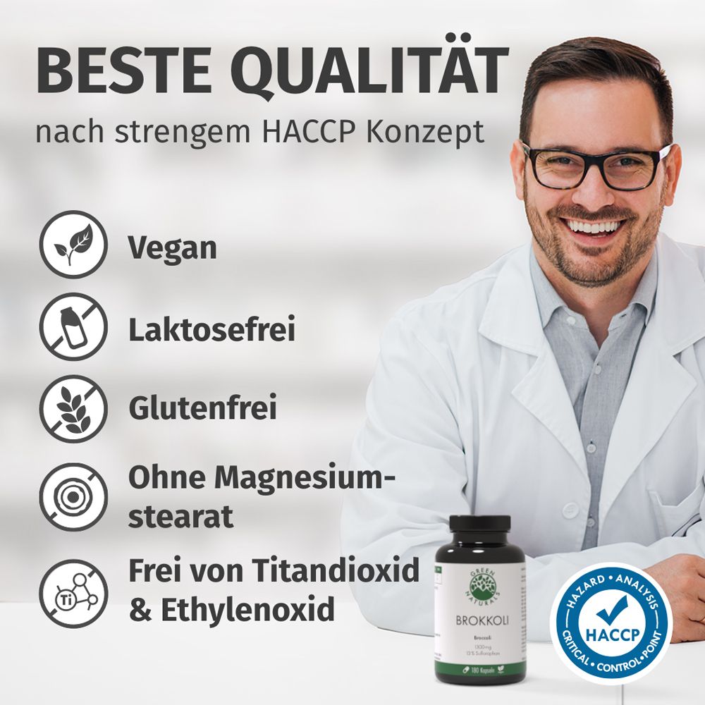 Mann mit Produkt. Text: BESTE QUALITÄT nach HACCP. Vegan, laktosefrei, glutenfrei, ohne Magnesiumstearat, frei von Titandioxid.