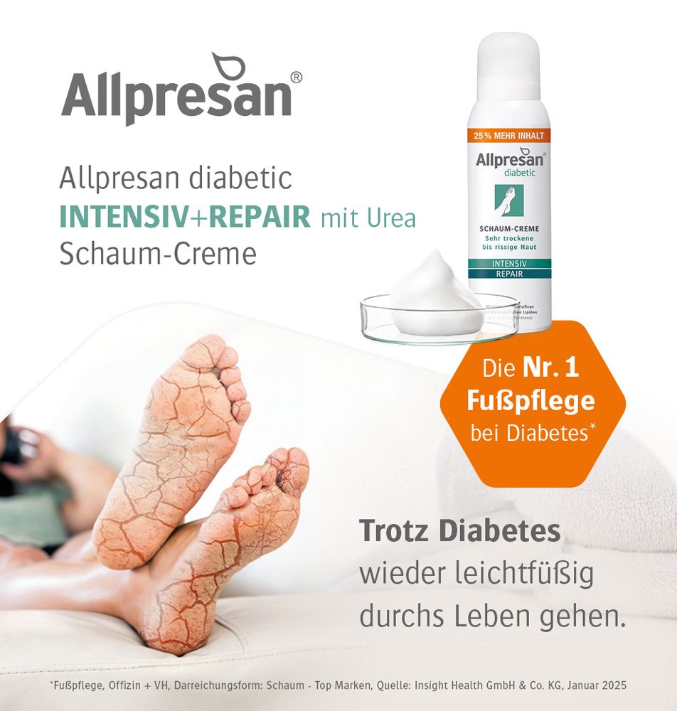 Werbebild mit Allpresan diabetic Schaum-Creme. Füße mit trockener Haut. Text: Die Nr. 1 Fußpflege bei Diabetes. Schaum-Creme im Glas.