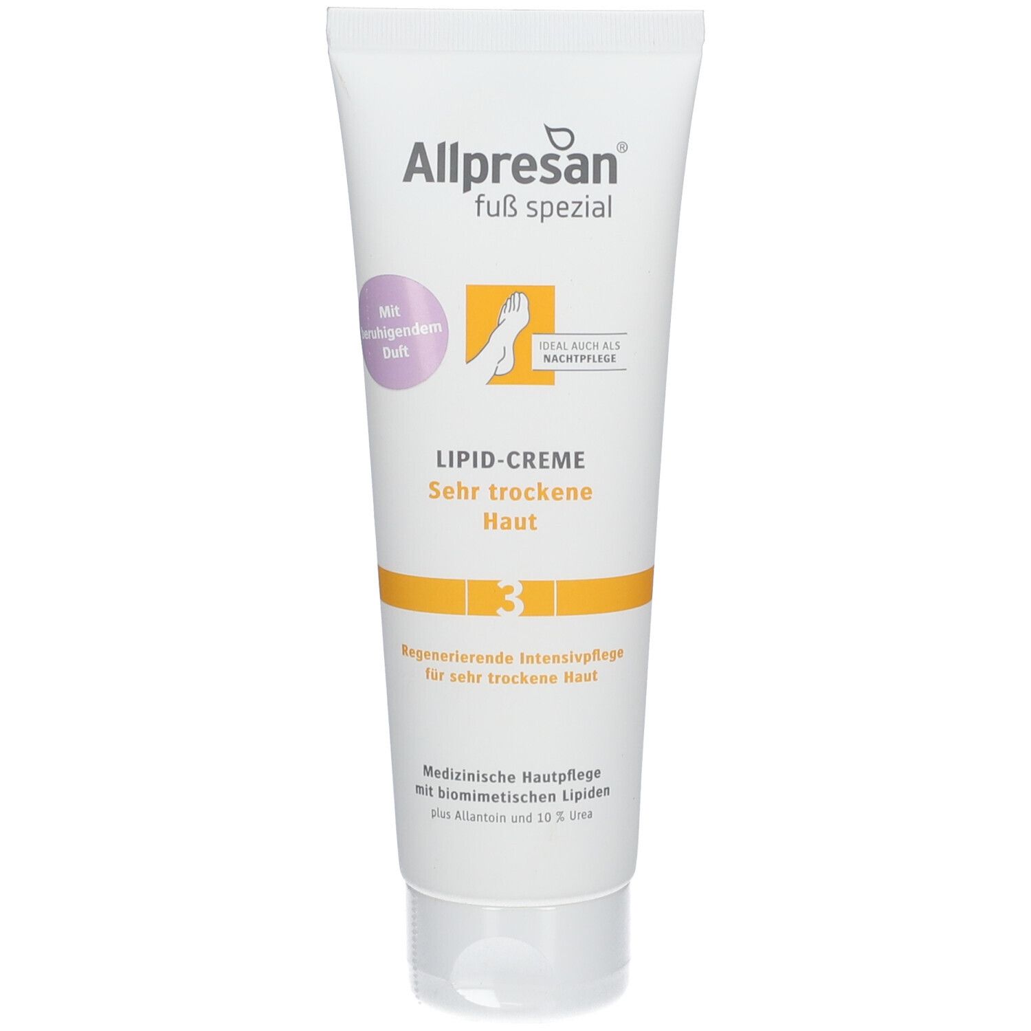 Weiße Tube Allpresan Fuß spezial Lipid-Creme. Gelbe und violette Akzente. Produktname, Fuß-Illustration und Text: Sehr trockene Haut.