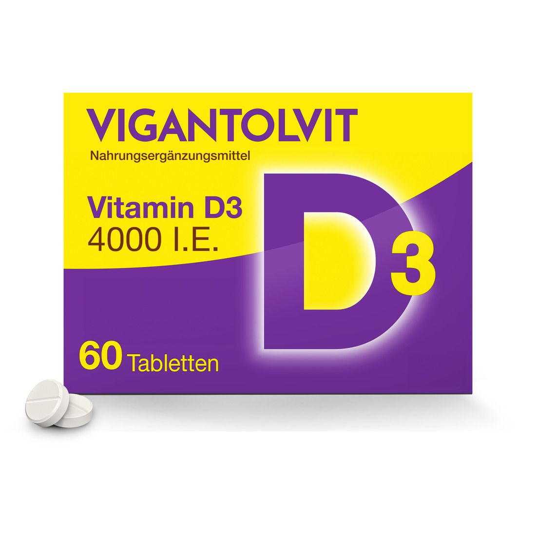 Schachtel mit VIGANTOLVIT Vitamin D3 4000 I.E. Tabletten. Lila und gelbes Design. 60 Tabletten. Zwei Tabletten liegen daneben.
