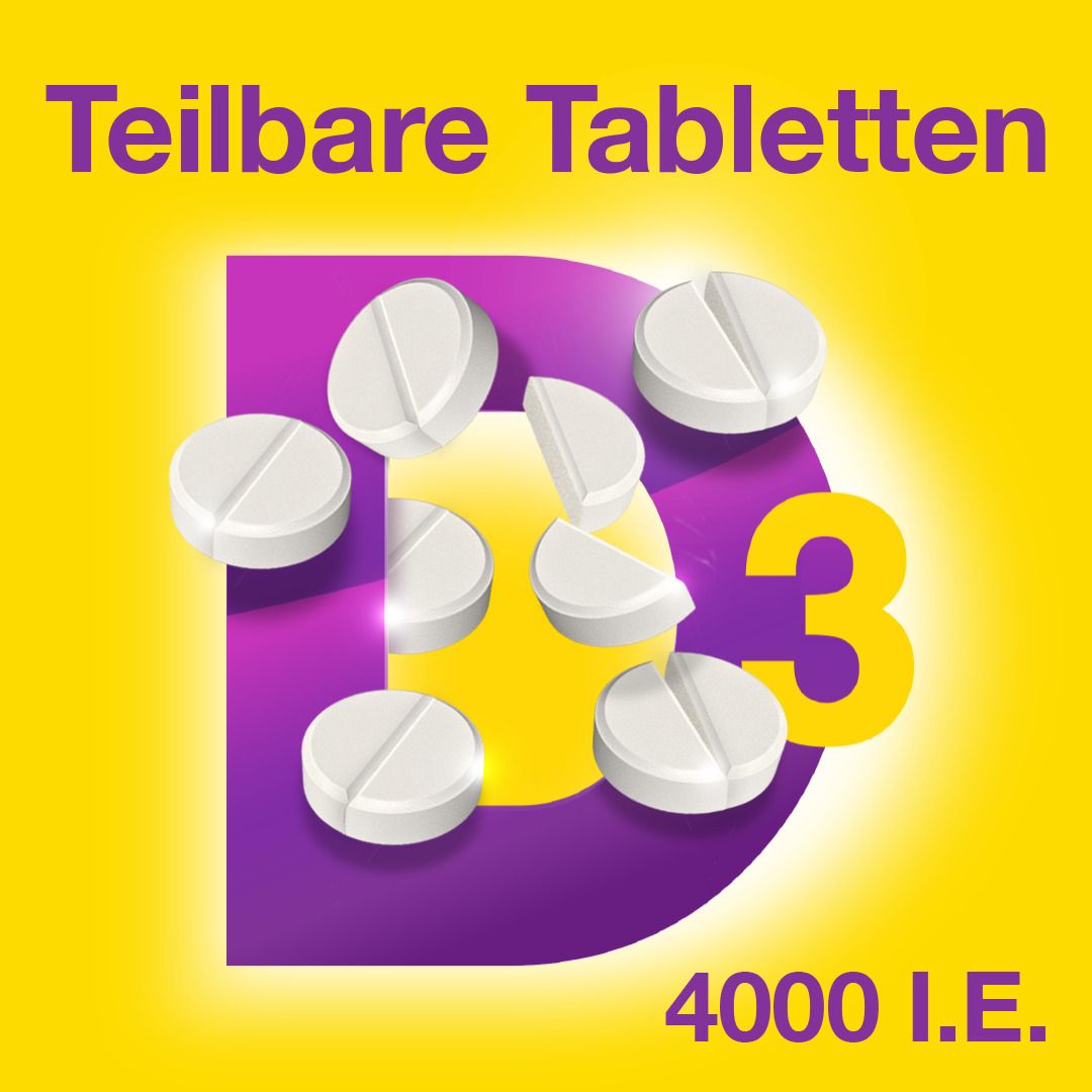Gelber Hintergrund mit Tabletten und lila D3. Text: Teilbare Tabletten, 4000 I.E.