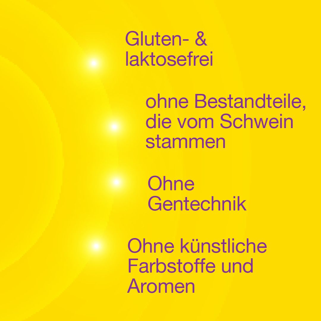 Gelber Hintergrund. Text: Gluten- & laktosefrei, ohne Bestandteile vom Schwein, ohne Gentechnik, ohne künstliche Farb- und Aromastoffe.