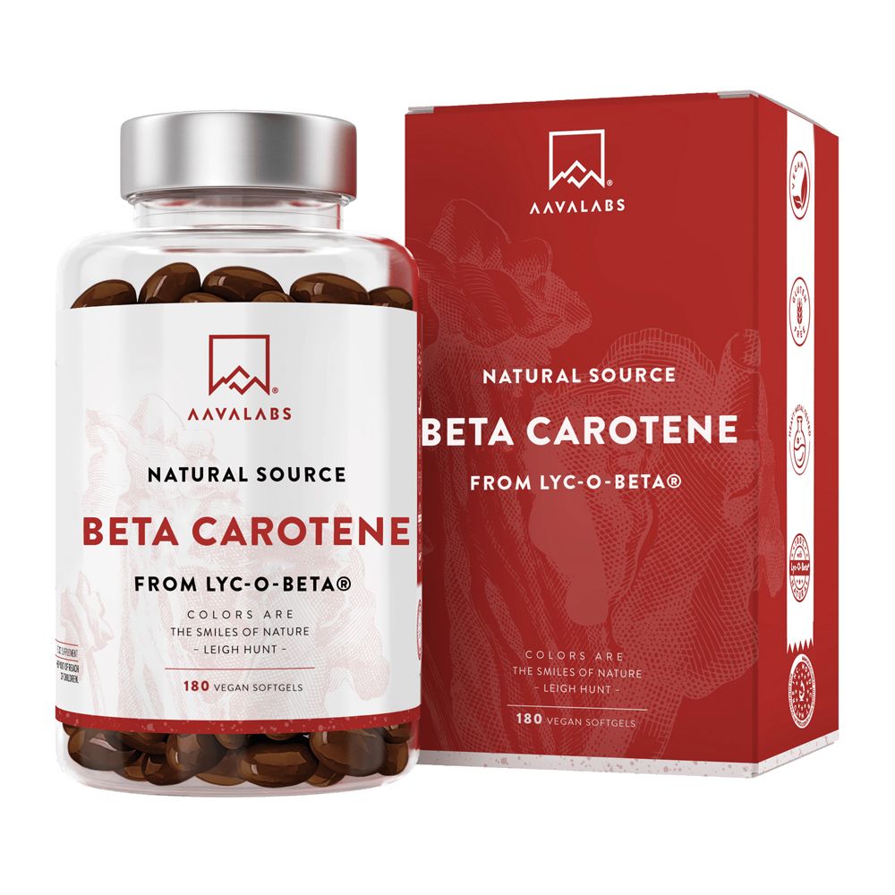 Klare Flasche mit braunen Kapseln. Etikett mit AAVALABS, Beta Carotin, 180 vegane Softgels.