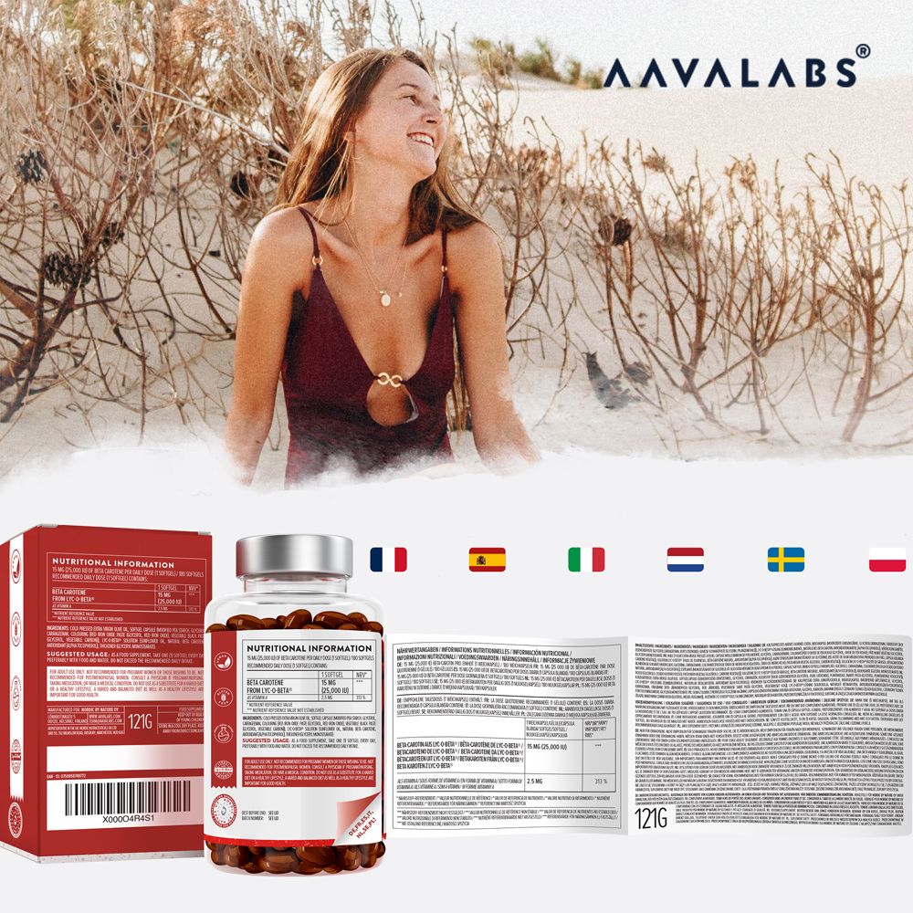 Flasche mit Kapseln, die herausfallen. AAVALABS, Beta Carotin, 180 vegane Softgels.