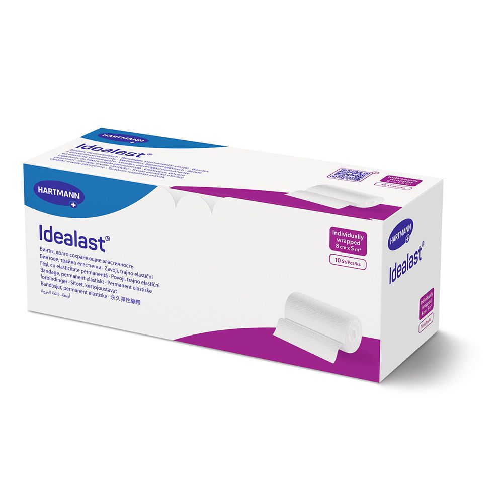 Verpackung mit Idealast Universalbinden. Enthält 10 Rollen. Sichtbar: Marke, Produktname, Größenangabe 8 cm x 5 m.