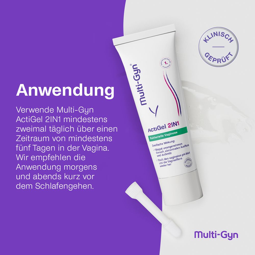 Anwendung von Multi-Gyn ActiGel 2IN1 mit Tube und Applikator, zweimal täglich.