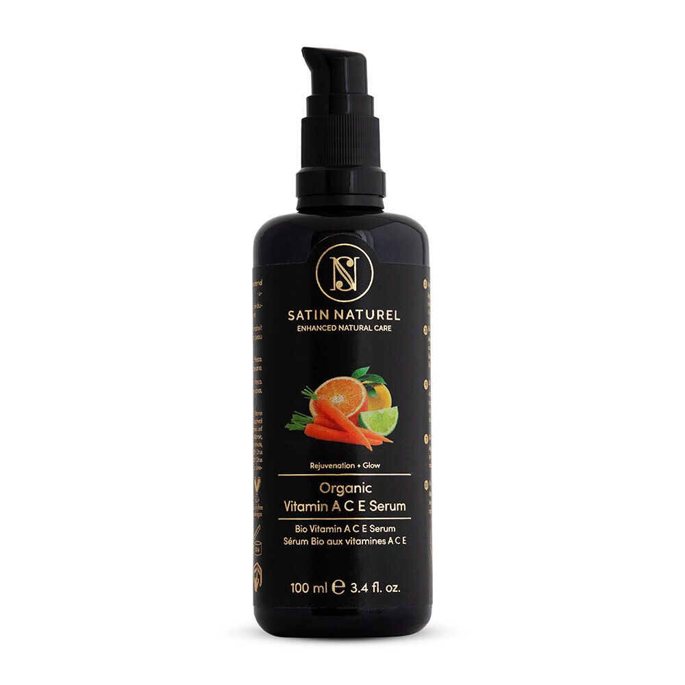 Schwarze Flasche mit Pumpe. Aufschrift: SATIN NATUREL, Organic Vitamin A C E Serum. 100 ml.