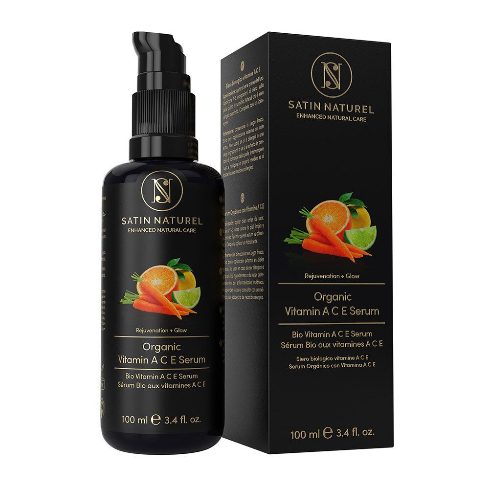 Schwarze Flasche und Schachtel. Aufschrift: SATIN NATUREL, Organic Vitamin A C E Serum. 100 ml.
