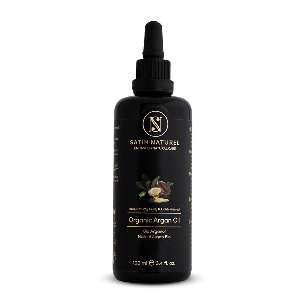 Schwarze Glasflasche mit Pipettenverschluss, Satin Naturel Bio Arganöl, 100 ml.