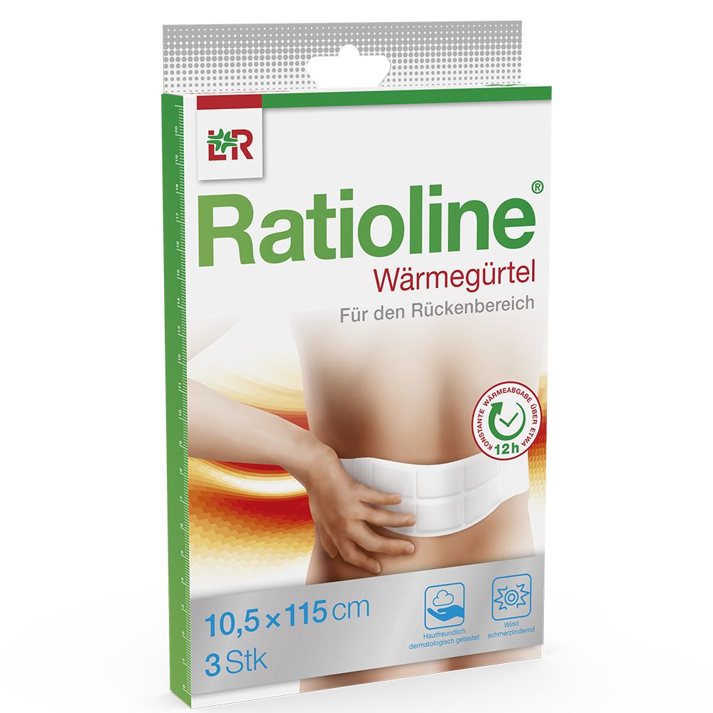 Verpackung von Ratioline Wärmegürtel. Zeigt einen weißen Gürtel am Rücken. Maße: 10,5x115cm, 3 Stück.