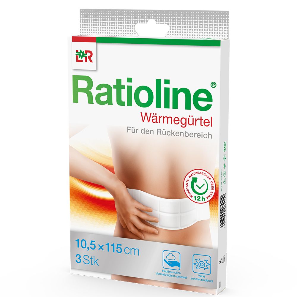 Verpackung von Ratioline Wärmegürtel. Zeigt einen weißen Gürtel am Rücken. Maße: 10,5x115cm, 3 Stück.