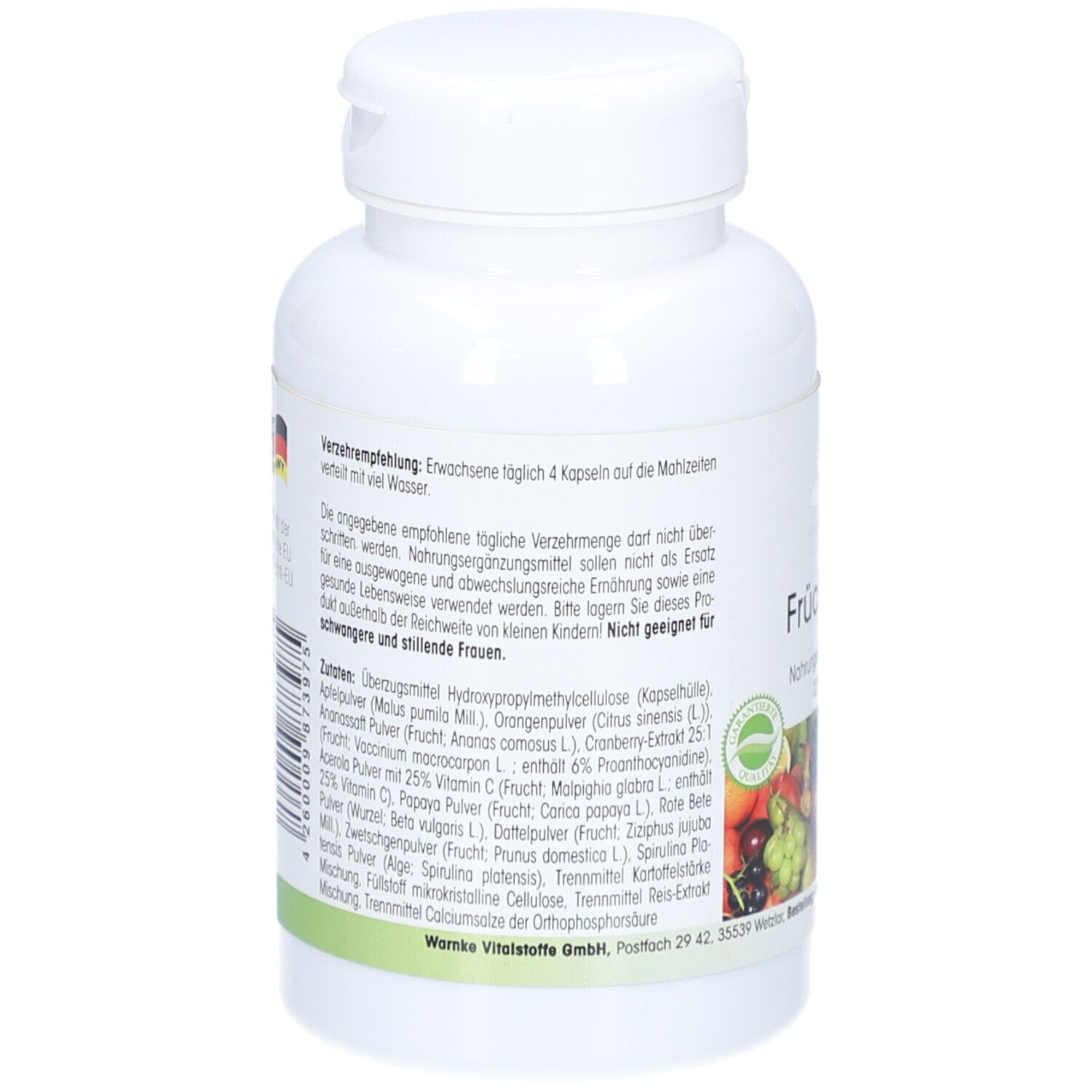 Rückseite der weißen Flasche. Text mit Inhaltsstoffen und Verzehrempfehlung. Hergestellt in Deutschland.