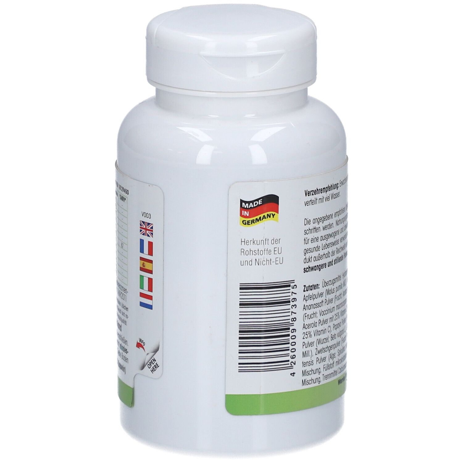 Rückseite der weißen Flasche. Made in Germany. Barcode und Flaggen von EU- und Nicht-EU-Ländern.