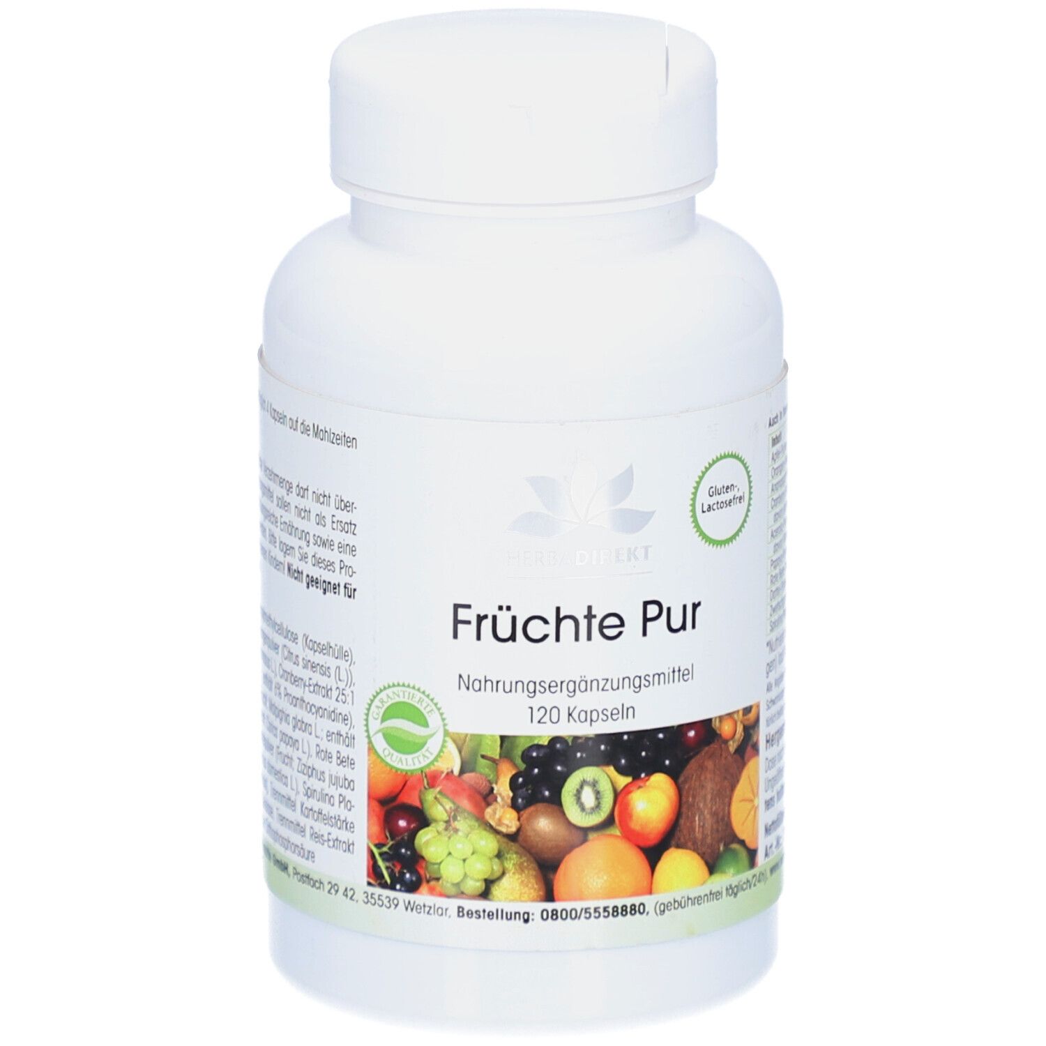 Weiße Flasche mit "FRÜCHTE PUR" und 120 Kapseln. Aufdruck mit Früchten. Gluten- und laktosefrei.