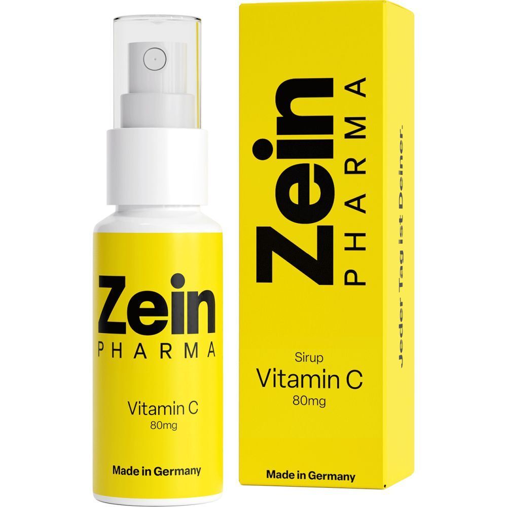 ZeinPharma Vitamin C Sirup 80mg Flasche und Karton. Made in Germany.