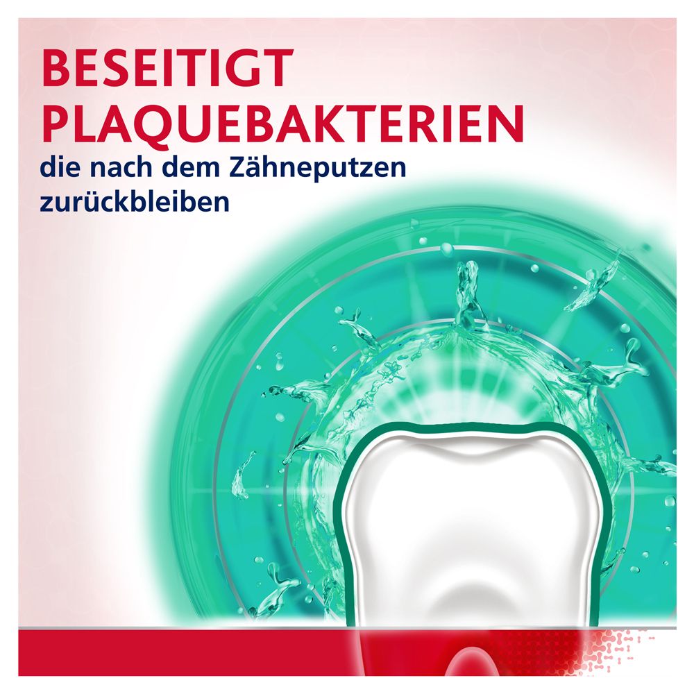 Zahn mit Wasserstrahlen. Text: Beseitigt Plaquebakterien, die nach dem Zähneputzen zurückbleiben.