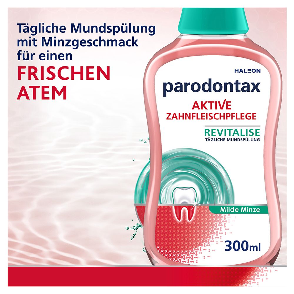 parodontax® Mundspülung, Flasche mit grünem Verschluss. Text: Frischer Atem. Aktive Zahnfleischpflege.
