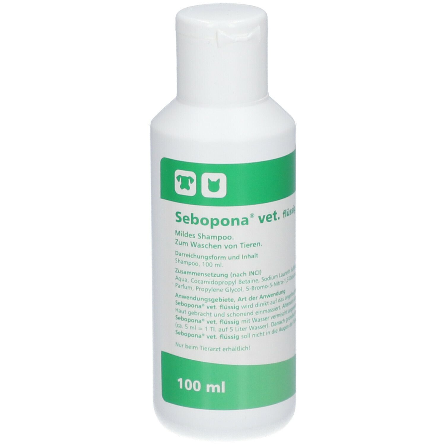 Weiße Flasche mit grünem Etikett. Text: Sebopona vet. flüssig, 100 ml. Für Tiere. Shampoo.