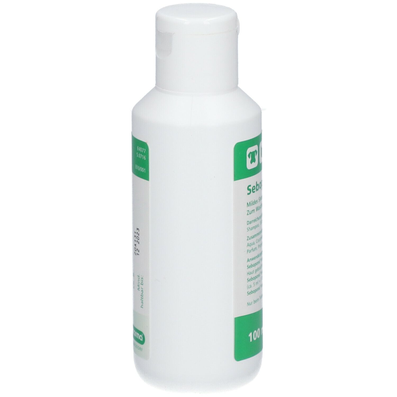 Weiße Flasche, grüne Etiketten. Text: Sebopona vet. flüssig. Rückseite mit Text und Barcode. 100 ml.