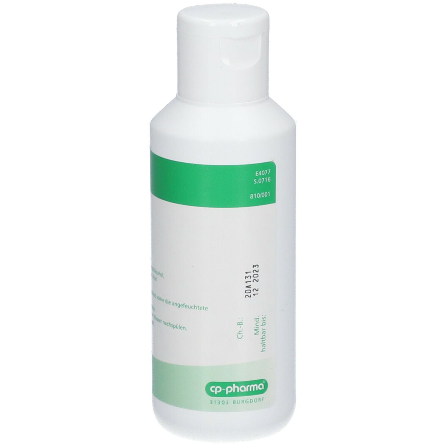 Weiße Flasche, Rückseite mit Text und grünen Akzenten. Text: Sebopona vet. flüssig. Haltbarkeit 12.2023.