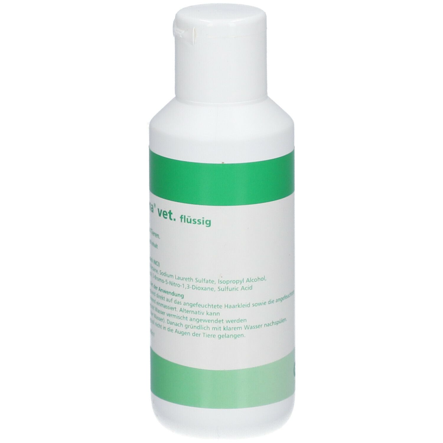 Weiße Flasche mit grünem Etikett. Text: Sebopona vet. flüssig. Shampoo für Tiere. 100 ml.