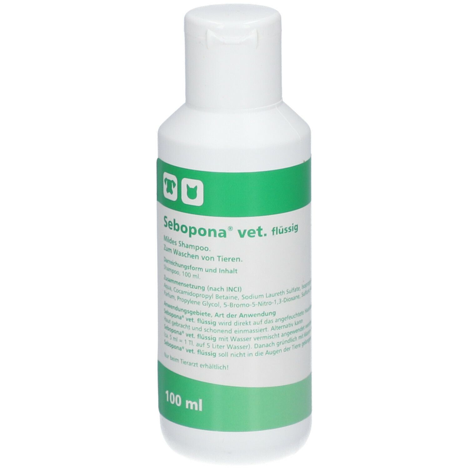 Weiße Flasche mit grünem Etikett. Text: Sebopona vet. flüssig, 100 ml. Für Tiere. Shampoo.