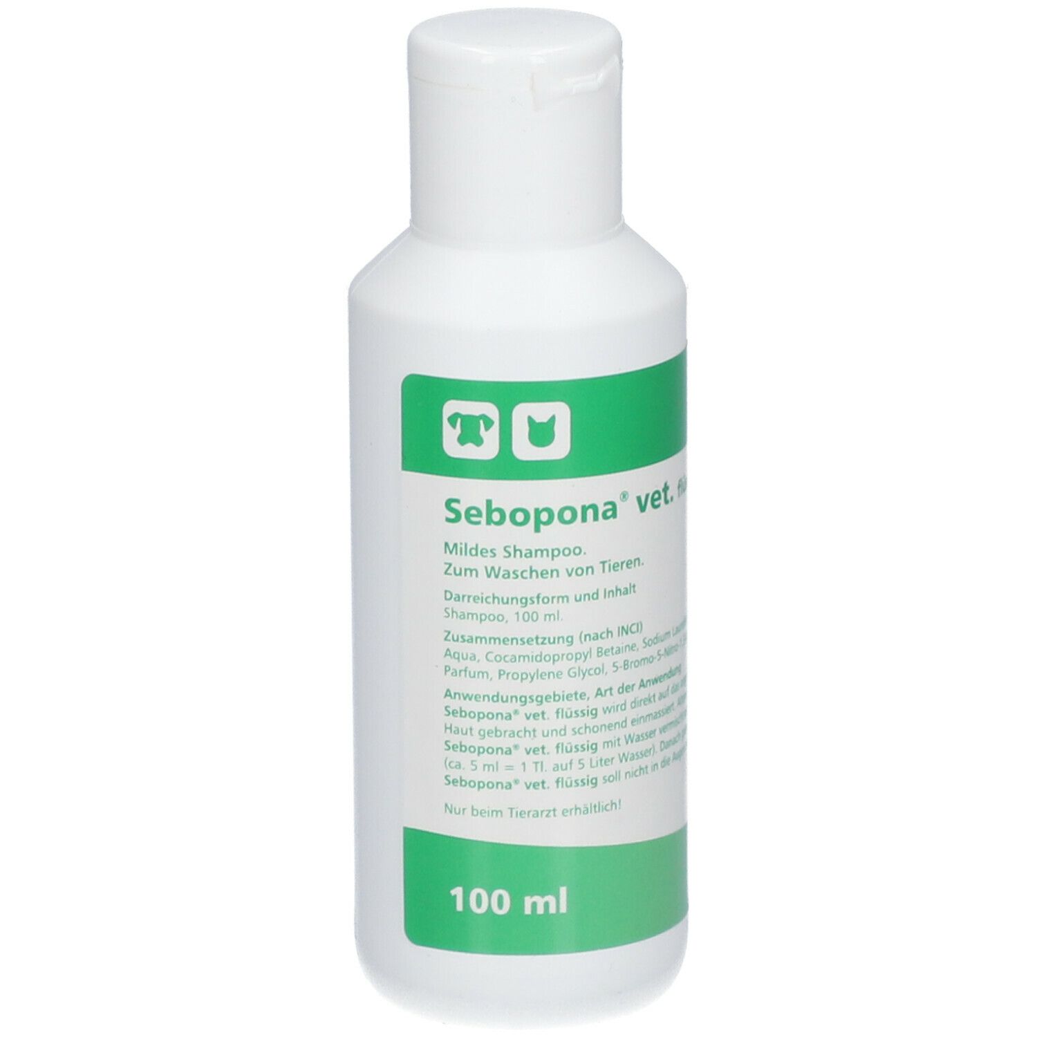 Weiße Flasche mit grünem Etikett. Text: Sebopona vet. flüssig, 100 ml. Für Tiere. Shampoo.
