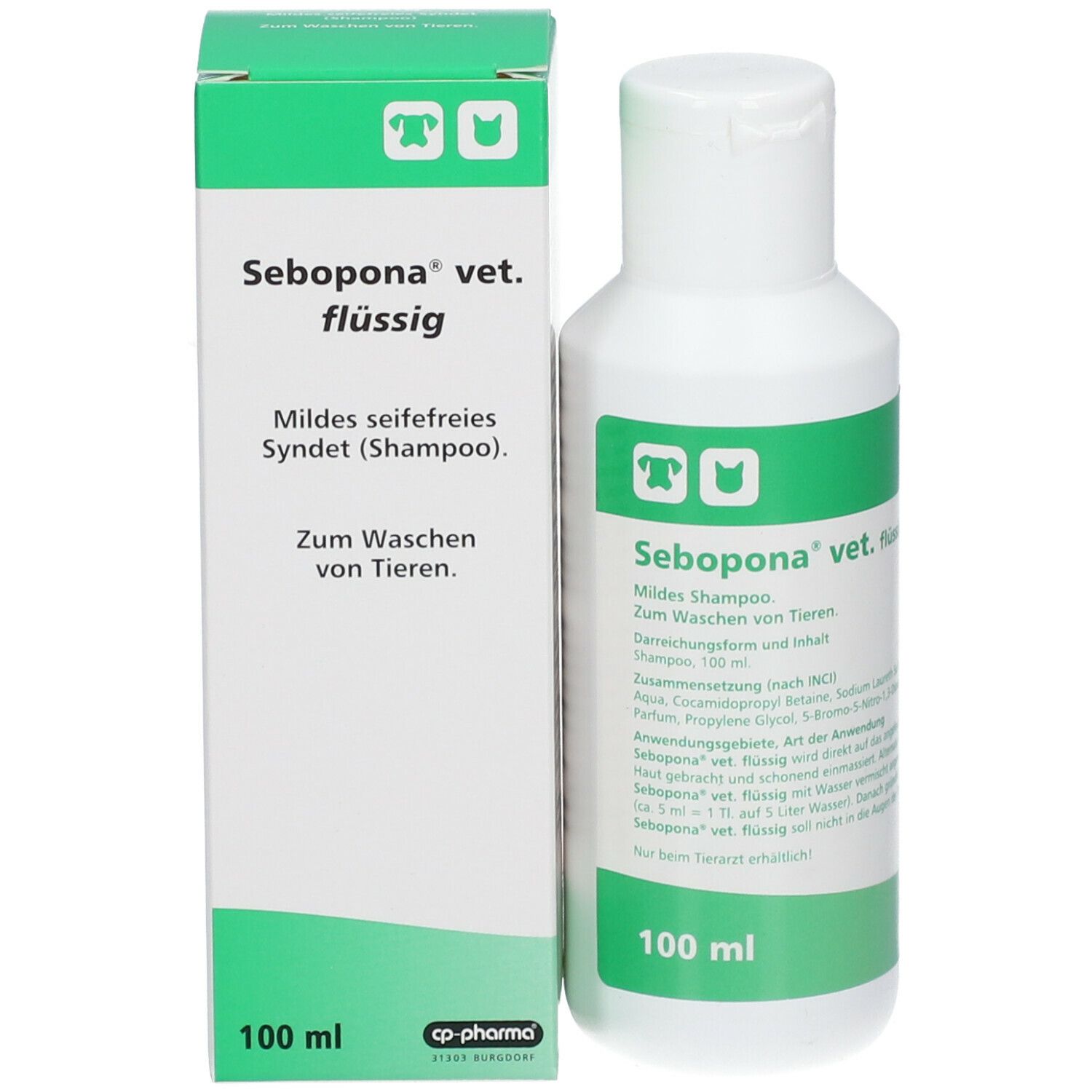 Produktverpackung mit Flasche und Karton. Text: Sebopona vet. flüssig, 100 ml. Shampoo für Tiere.
