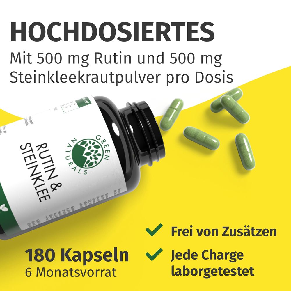 Dose Rutin & Steinklee, 180 Kapseln. Daneben liegen grüne Kapseln und ein Auszug aus dem Etikett.