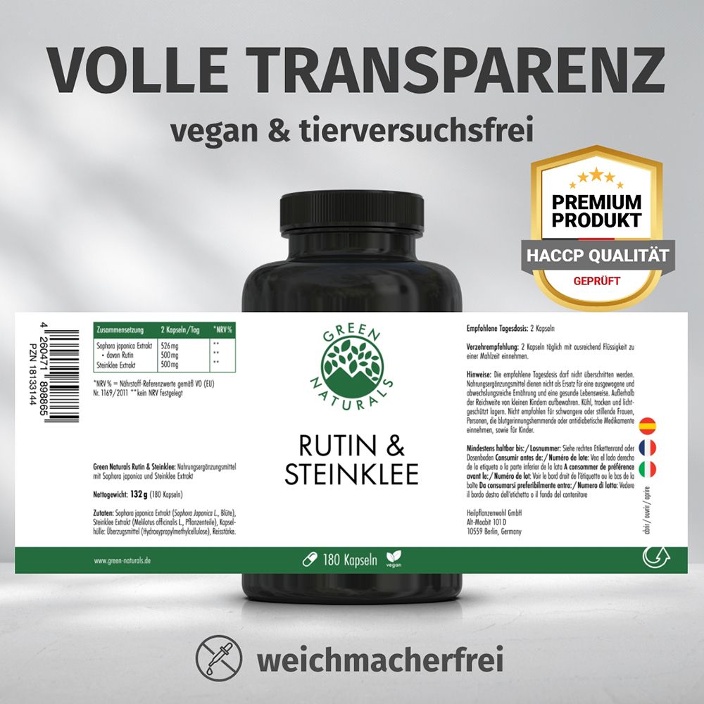Dose Rutin & Steinklee, Rückseite mit Etikett. "Volle Transparenz", "vegan & tierversuchsfrei".