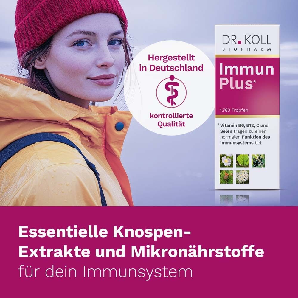 Frau mit roter Mütze neben einer Schachtel mit „DR. KOLL Immun Plus*“. Logo und Text. Hergestellt in Deutschland.
