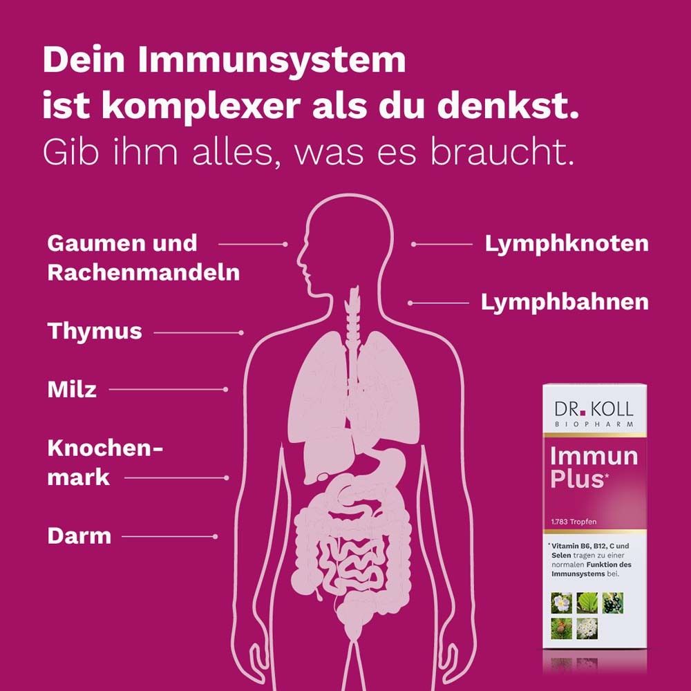 Schematische Darstellung des menschlichen Körpers mit Markierungen. Rechts: Produktflasche und Schachtel mit „Immun Plus*“.