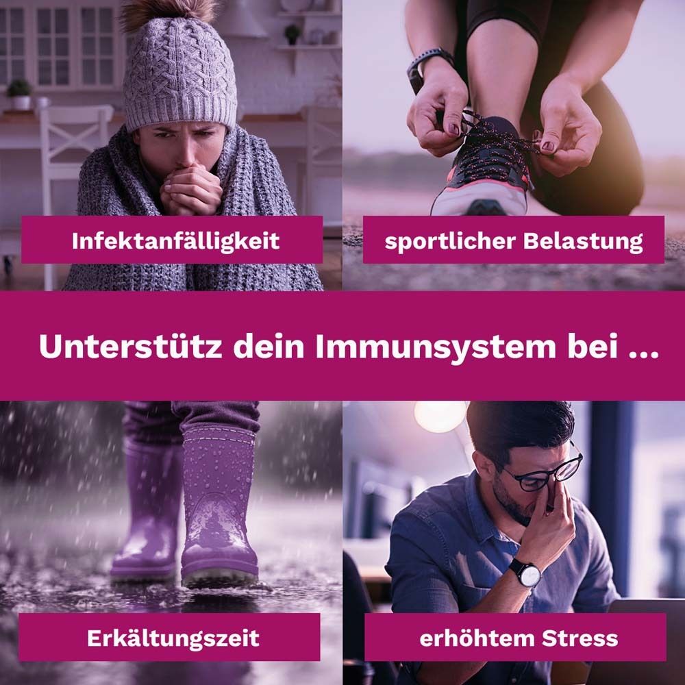 Vier Bilder: Frau mit Erkältung, Sportler, Regen, Mann mit Stress. Text: Unterstützt dein Immunsystem bei...