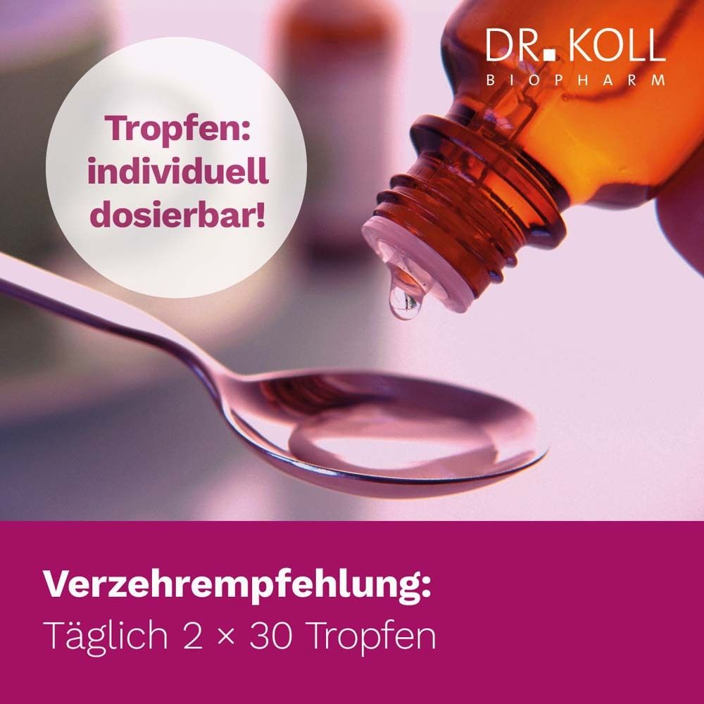 Löffel mit Tropfen. Text: Tropfen: individuell dosierbar! Verzehrempfehlung: Täglich 2 x 30 Tropfen.