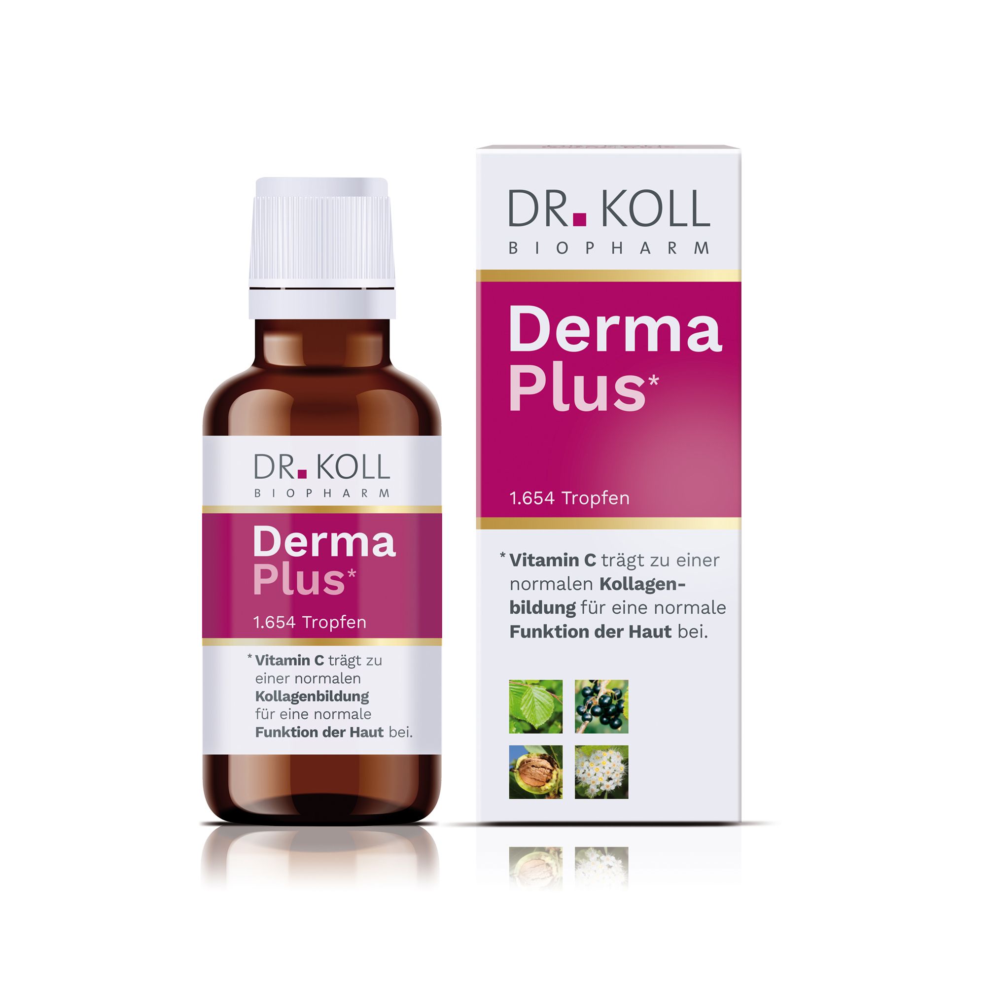 Braune Flasche und Schachtel. Aufschrift: DR. KOLL Derma Plus*. 1.654 Tropfen. Enthält Vitamin C.