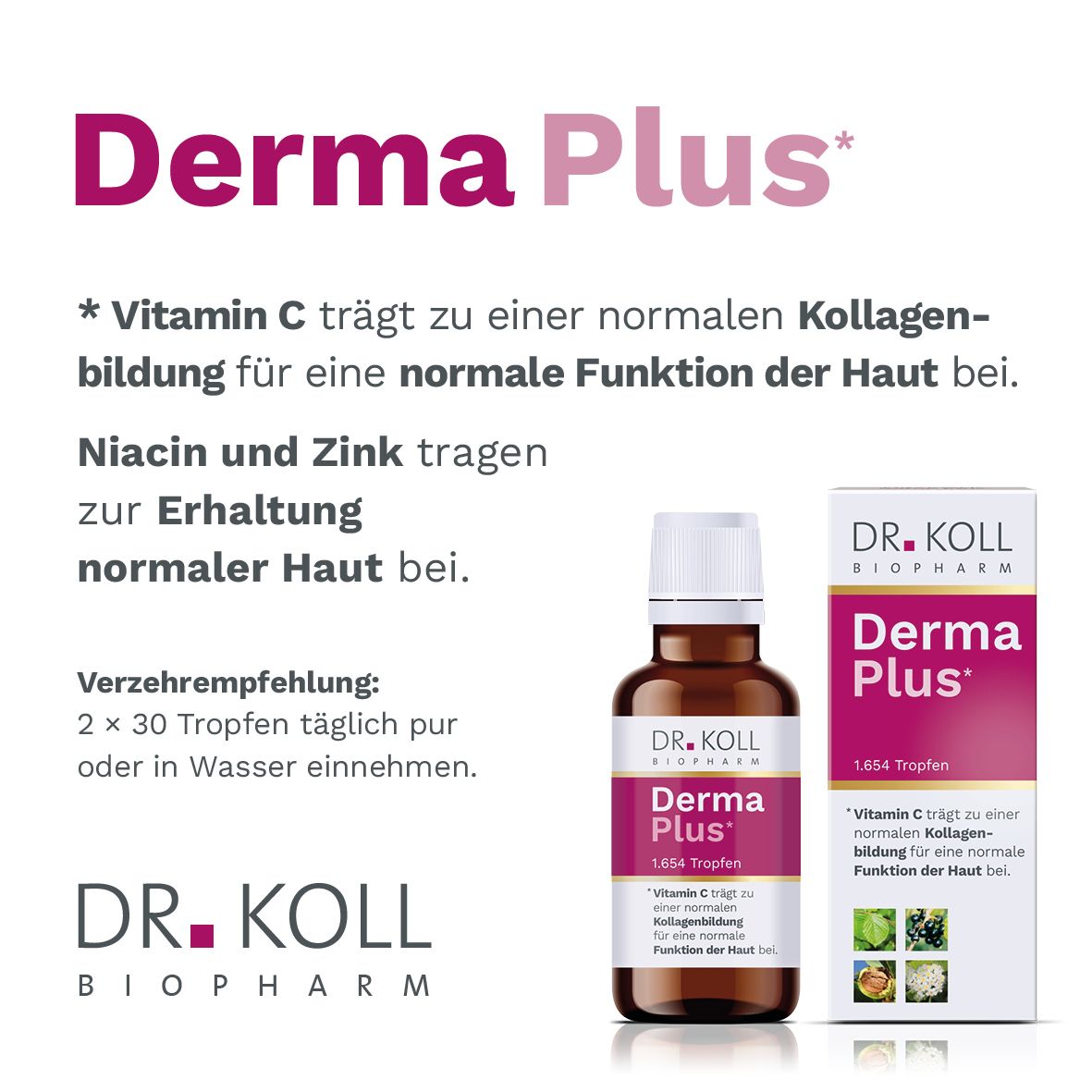 Produktflasche und Schachtel. Aufschrift: DR. KOLL Derma Plus*. Enthält Vitamin C, Niacin und Zink.