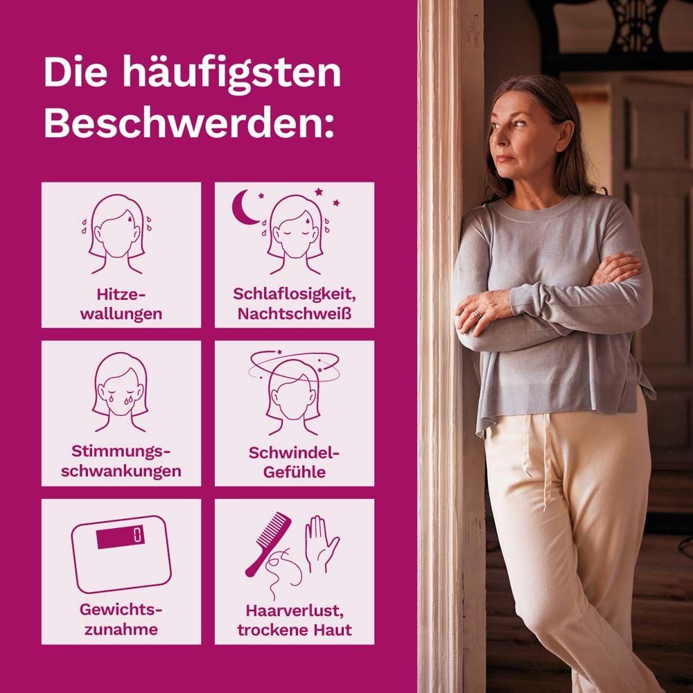 Frau lehnt an Türrahmen. Grafiken zeigen Symptome: Hitzewallungen, Schlafstörungen, Stimmungsschwankungen.