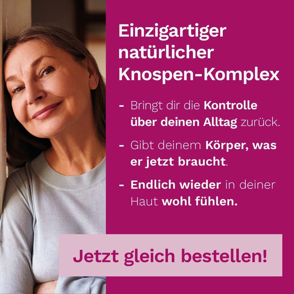 Frau lächelt. Text: Natürlicher Knospen-Komplex. Bringt Kontrolle, gibt dem Körper, was er braucht.