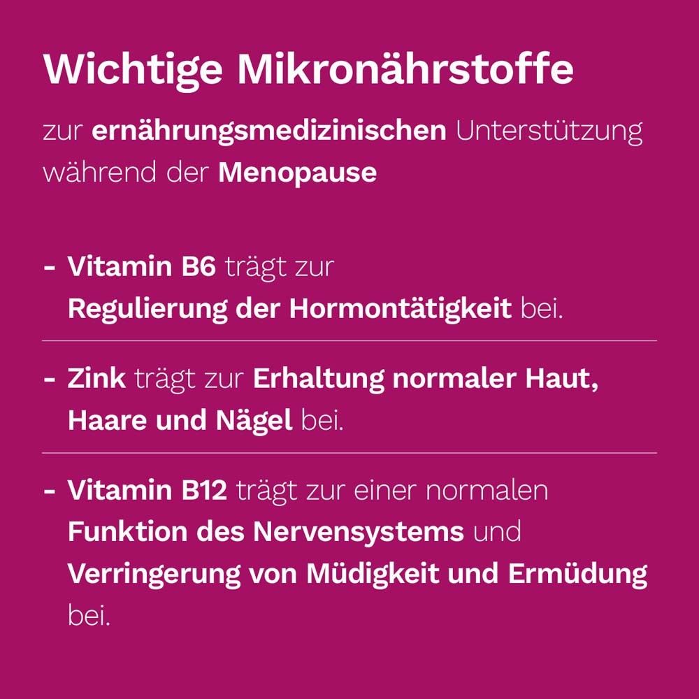 Text über Mikronährstoffe. Vitamin B6, Zink, Vitamin B12. Unterstützung während der Menopause.
