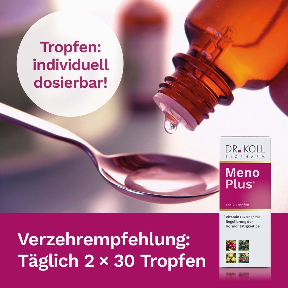 Tropfen aus Flasche auf Löffel. Empfehlung: 2 x 30 Tropfen täglich. Produktflasche im Hintergrund.